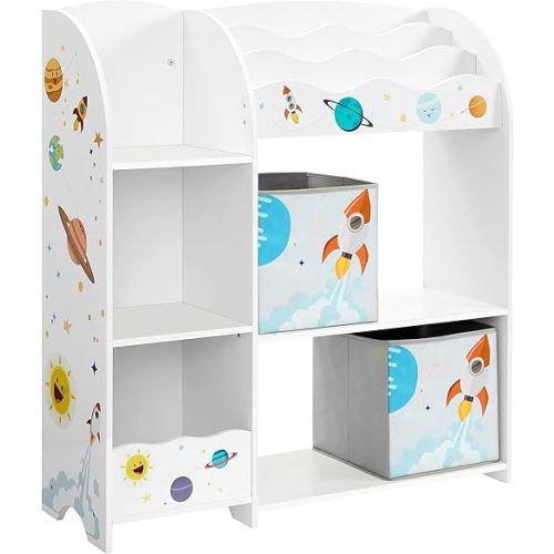 SONGMICS Toy and Book Organizer for Kids, Storage Unit with 2 Storage Boxes, for Playroom, Children’s Room, Living Room, White UGKR42WT, 93 x 30 x 100 centimeters