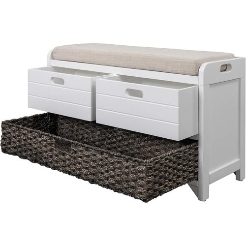 Knocbel Farmhouse Storage Bench, Hallway Entryway Bedroom Cabinet with Drawers, Removable Cushion & Wicker Basket, Fully Assembled, 32" L x 11.8" W x 20" H (White)