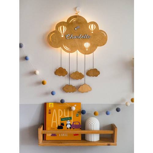 Personalized Cloud Nursery Light: Hot Air Balloon Mobile, LED Night Light, Wooden Baby Name Sign