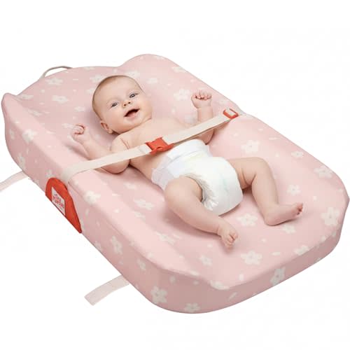 Changing Table with Waterproof Lining, Diaper Change Pad for Dresser, Table | Blush Petals, Non-Slip Base, Contoured Sides, Wipe-Clean Surface, Lightweight, Safety Strap with Quick-Release Buckle