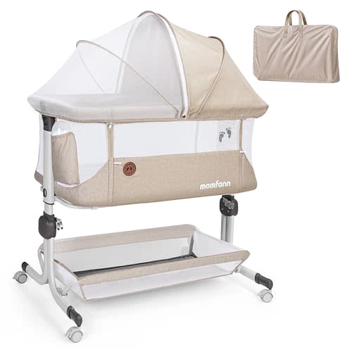 MOMFANN Baby Bassinet Bedside Sleeper, Upgraded Stability Bedside Crib with Full Mesh Sides, Soft Sheet, 6-Height Adjustment, Storage Basket, Easy Folding Portable Bassinet for Newborns, Oatmeal