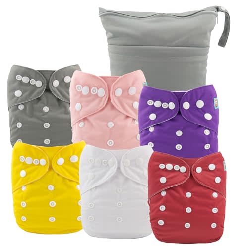 ALVABABY 6pcs Cloth Diaper Covers &1 Wet Dry Bag, Washable Reusable Cloth Nappy Shell for Prefold with Multi-Functional Bag, Flat or Fitted Diaper Inserts 6NKZ01