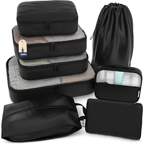 Shacke Premium 8 Packing Cubes Set - Lightweight Mesh Travel Luggage Organizers with Laundry Bag, 8-Piece Suitcase Storage System (Air Black)