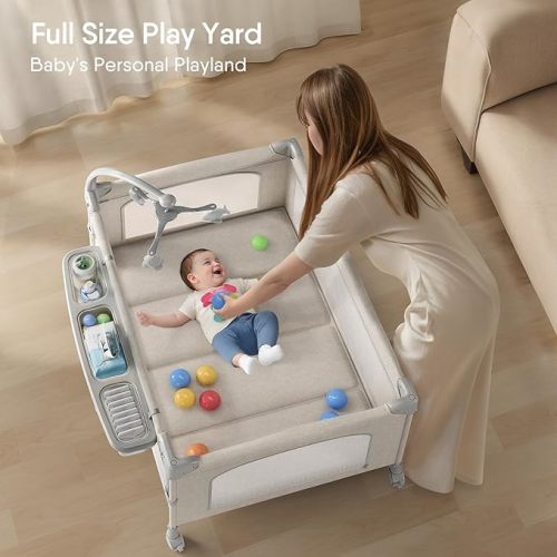 TinyGlow 4 in 1 Baby Bassinet, Pack and Play, Bedside Crib Sleeper, Diaper Changer, Quickly Assembled and Folded Portable Crib with Mattress and Mosquito Net, Easy to Carry