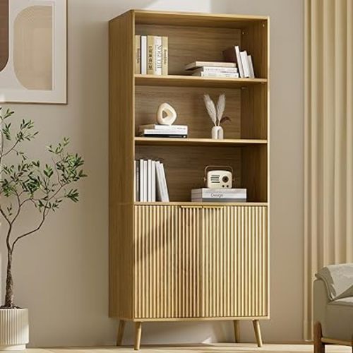 LYNSOM Oak Bookshelf, 70.9" Tall Book Shelf, 5-Tier Bookcase with Fluted Doors and Adjustable Shelves, Wooden Storage Cabinet for Living Room, Office and Kitchen(Oak, 1PC)