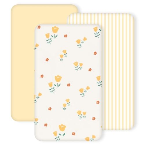 3 Pack Stretchy Bassinet Sheets - Universal Fit for Rectangle, Round, Oval, Hourglass Cradles & Moses Baskets - Soft Breathable Fitted Bassinet Sheets Set for Baby - Yellow & Flower