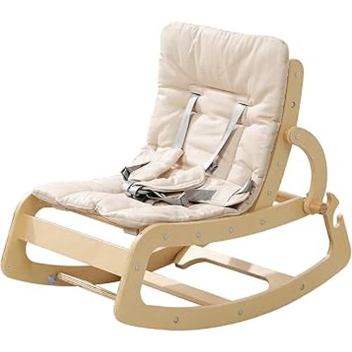 3-in-1 Baby Bouncer Adjustable Wooden Rocker Chair, Ergonomic Design Baby Lounger with Removable Cushion,Seat Belt and Booster, Recliner for Infants to Toddler (Beige)