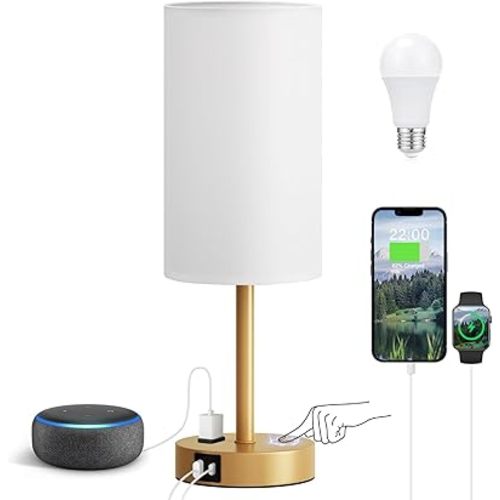 Fenmzee Gold Nightstand Bedroom Lamp - 3 Way Dimmable Bedside Lamp USB C A Charging Ports and AC Outlet, Small Table Lamp Linen Lampshade for Office Desk
