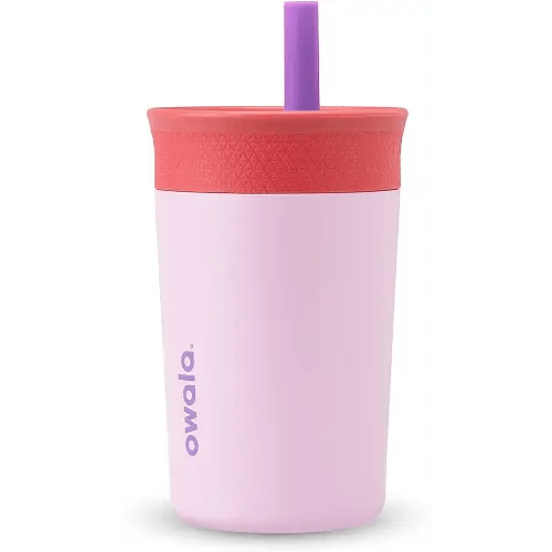 Owala Kids Insulation Stainless Steel Tumbler with Spill Resistant Flexible Straw, Easy to Clean, Kids Water Bottle, Great for Travel, Dishwasher Safe, 12 Oz, Pink and Purple (Lilac Rocket)