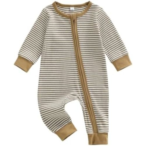 Karuedoo Newborn Infant Baby Boy Clothes Striped Waffle Long Sleeve Zipper Romper Jumpsuit One-Piece Fall Winter Outfit