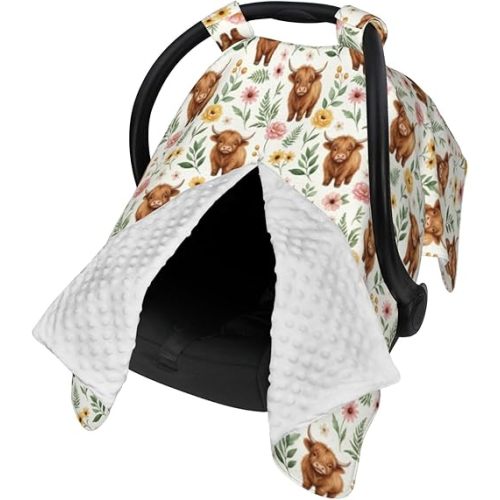Highland Baby Car Seat Canopy Cover for Infants & Toddlers, Opening with Adjustable Strap, Nursing Cover & Stroller Blanket, Highland Cow Baby Stuff