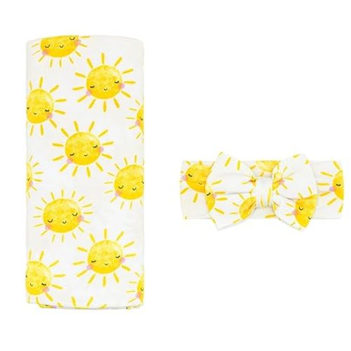Little Sleepies Swaddle & Headband Bow Set, Viscose from Bamboo Baby Swaddles, Newborn Baby Girl Clothes (Luxe Sunshine)