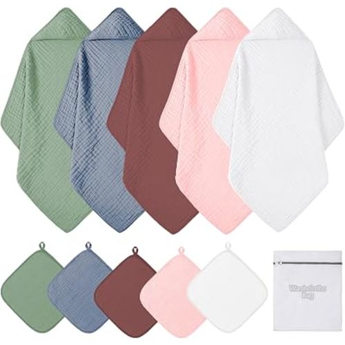 Muslin Baby Hooded Towel and Washcloth Set, 10-Pack 100% Cotton - Super Soft & Absorbent Newborn Bath Towels with Hood, Burp Cloths, Swaddle Blankets for Boys & Girls