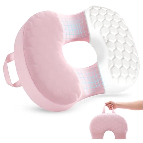 Portable Donut Pillow with Handle, Memory Foam Hemorrhoid Cushion, Pink | Non-Slip & Removable Cover, Donut Seat Cushion for Hemorrhoids, Tailbone Pain, Postpartum & Sciatica