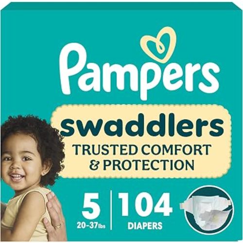 Pampers Swaddlers Diapers, Size 5 (20-37 lbs), 104 Count, Fragrance Free, Hypoallergenic, Absorbent, Pediatrician Recommended, Skin Safe (Packaging May Vary)