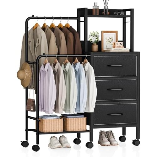 Dresser with Double Hanging Rack and Wheels, 3 Fabric Drawers, Extra Shelf