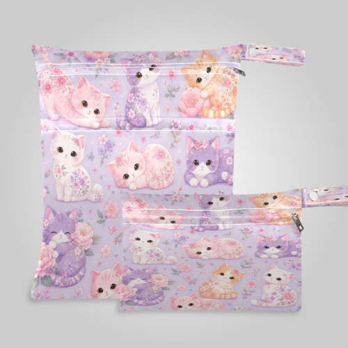 2 Pack Wet Dry Bags,Floral Kittens Pattern Graphic Waterproof Reusable Dual Zipper Bags for Swimwear, Gym Clothes, Toiletries, Baby Diapers