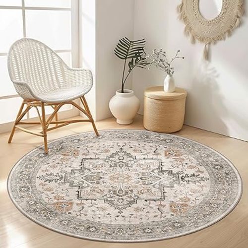GENIMO 3FT Round Area Rugs for Living Room, Circle Rugs Machine Washable Low Pile, Chenille Non Slip Vintage Rug for Bedroom, Dining Room, Home Office, Light Taupe Brown