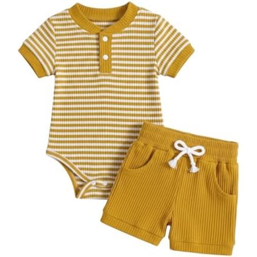 Baby Boy Clothes Ribbed Short Sleeve Striped Romper Top Solid Shorts with Pocket Baby Boy Summer Outfits 0-18M