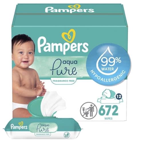 Pampers Baby Wipes Aqua Pure, 99% water-based wipes, Hypoallergenic and Unscented Baby Wipes, 672 Wipes Total (12 Flip-Top Packs)