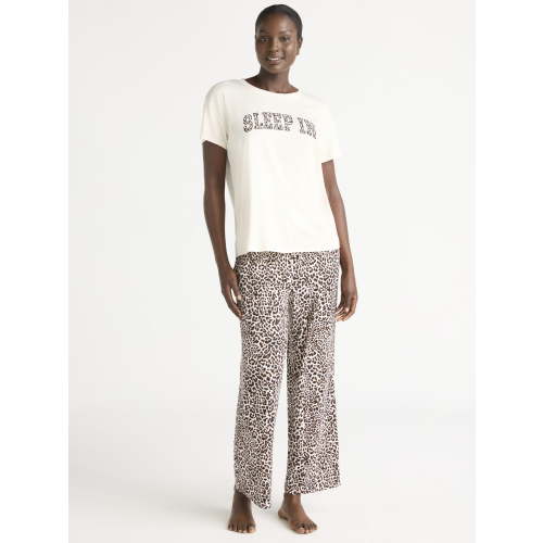Joyspun Women's Short Sleeve Sleep Top and Open Leg Pants Pajama Set, 2-Piece, Sizes XS-3X
