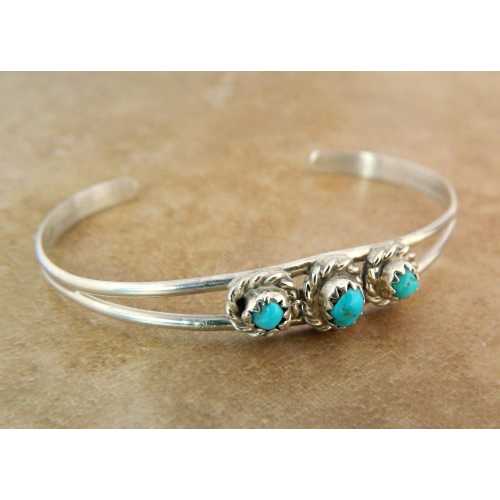 Native American Navajo Turquoise Sterling Silver Baby Child Handmade Row Bracelet - Elton Cadman 5 1/4"