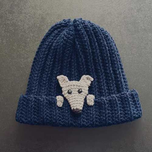 Handmade Crochet Ribbed Beanie: Peek-a-boo Greyhound Dog