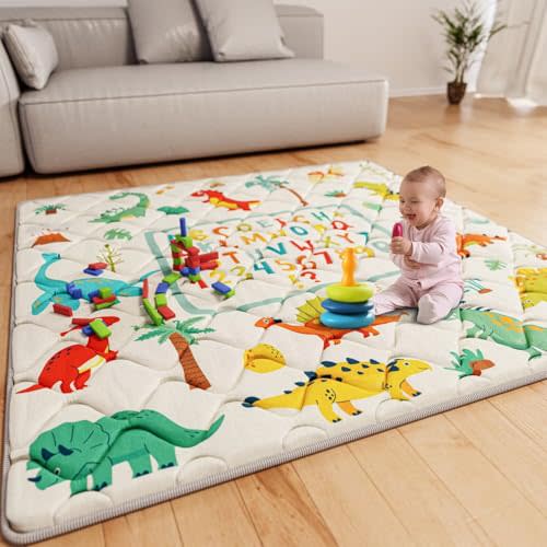 Baby Play Mat 50x50 Playpen Mat Upgraded Thicker Baby Floor Play Mat Waterproof Baby Playmat Cushioned Anti- Slip Crawling Mat for Babies Toddlers Infants Tummy Time(50x50, Letter Dino)