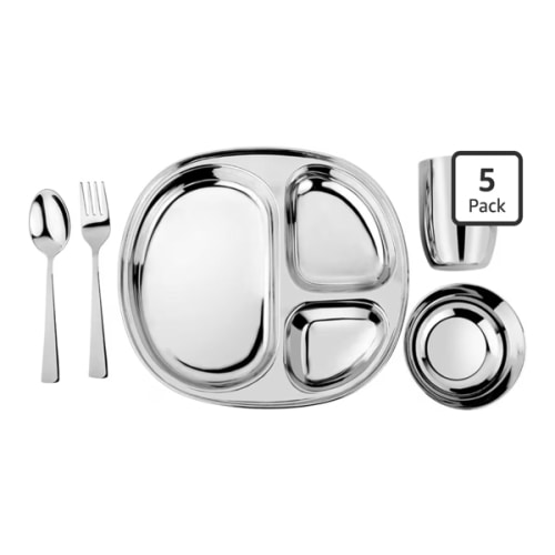Ahimsa Stainless Steel Kids Dinnerware Set, Pediatrician Designed, 5 Piece Toddler Plates and Bowls Set, Stainless Steel Divided Plate, Cup and Kids Utensils