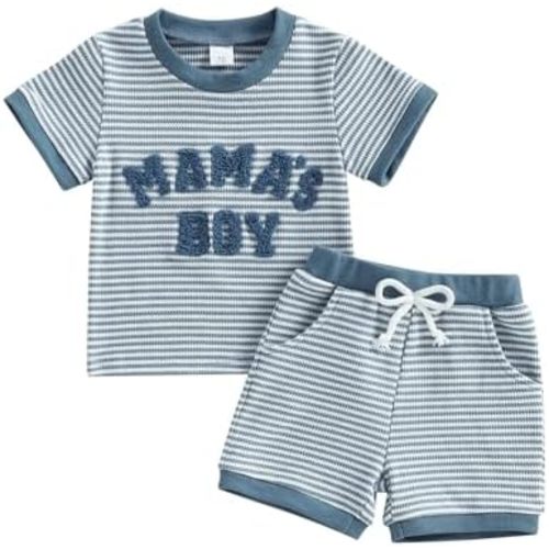 Baby Boy Summer Clothes Mamas Boy Embroidered Waffle Knit Short Sleeve T-Shirt Shorts Set Toddler Striped Outfit