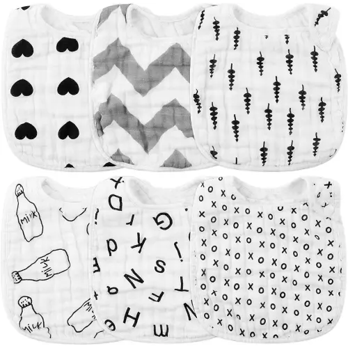 Zainpe 6Pcs Snap Muslin Cotton Bibs for Baby Love Heart Milk Letter Pattern Bib with 6 Absorbent Soft Layers, Machine Washable Burp Cloths for Infants Newborns Toddlers Drooling Feeding and Teething