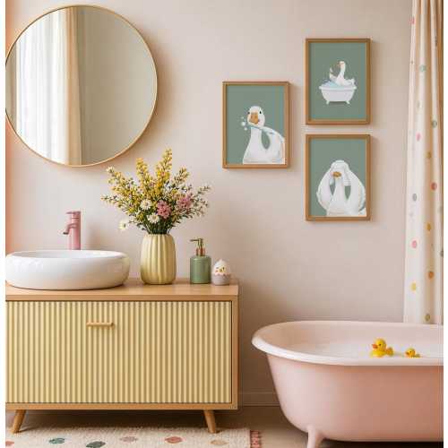 Set of Silly Goose Art Prints, Funny Animal Bathroom Wall Art, Kids Playroom Decor