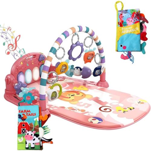 dearlomum Baby Play Mat Baby Gym,Funny Play Piano Tummy Time Baby Activity Mat with 5 Infant Sensory Baby Toys & 2 Baby Book Toys, Boy & Girl Gifts for Newborn 0 to 3 6 9 12 Months(Pink), Medium