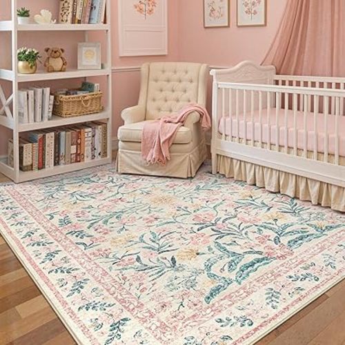 Wonnitar Pink Rugs for Nursery, 5x7 Washable Rug for Bedroom Girls, Boho Soft Floral Carpet Non Slip, Indoor Ultra-Thin Floor Carpet for Baby Kids Room Living Room Dorm Decor
