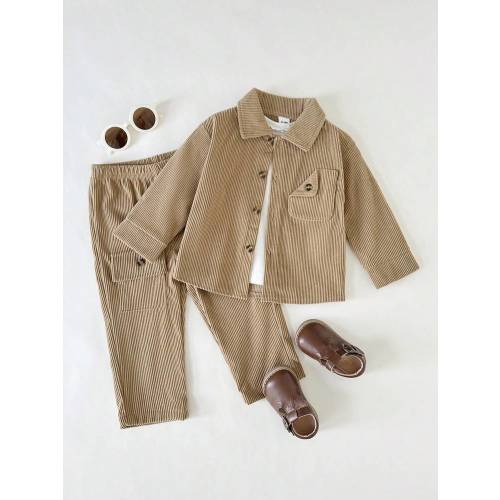 SHEIN Playful Pals 2pcs Baby Boy Casual Plaid Pocket Long Sleeve Shirt And Pants Set, Suitable For Autumn/Winter, Daily & Outdoor Wear | SHEIN USA