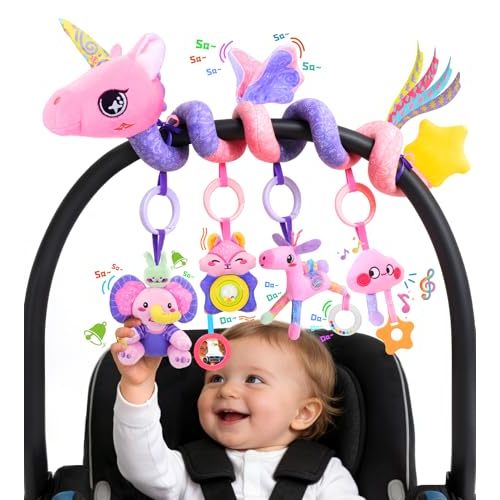 Musical Car Seat Toy for Babies 0-12 Months Girl, 5-in-1 Sensory Activity Hanging Toy Stroller Toy with Soothing Music, Rattle, Mirror for Newborn Infants Essential Gifts, Unicorn