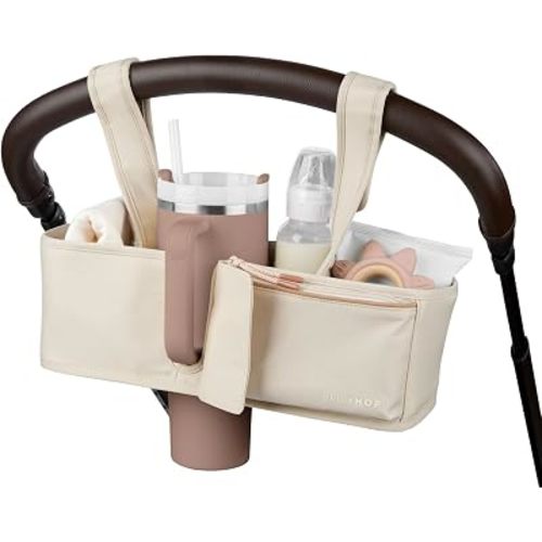 Skip Hop Ultimate Stroller Organizer Universal Fit with Adjustable Straps, Magnetic Flaps and Convertible Design that fits 40 oz. Tumblers, Oat