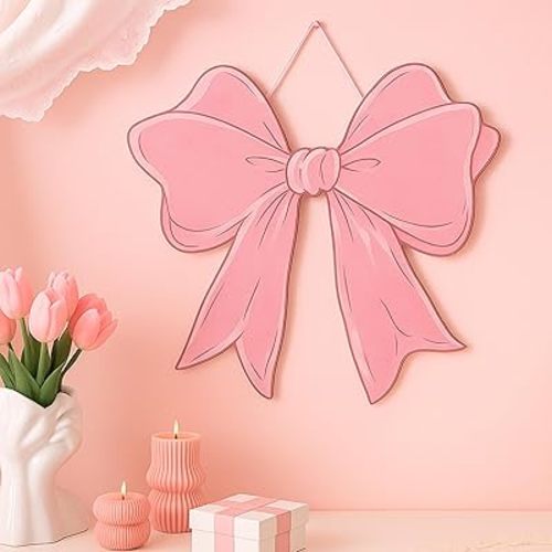 Pink Bow Wooden Hanging Sign Coquette Bow Wall Hanging Hanger Cute Preppy Wall Art Bowknot Welcome Door Sign Girly Decor for Girls Room College Dorm Apartment Indoor Outdoor Porch