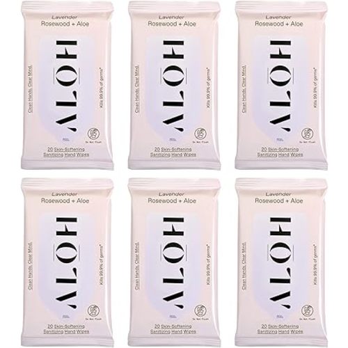 ALŌH Lavender Rosewood + Aloe Sanitizing Hand Wipes - Clean Hands, Clear Mind - On The Go Hand Sanitizer Wipes for Kids and Adults - Travel Size 6 Pack, 20ct (120 wipe)