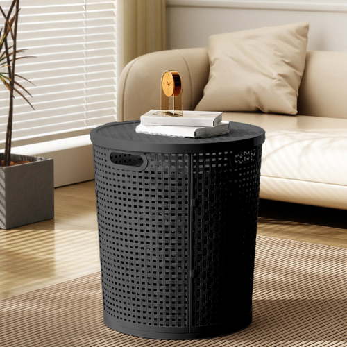 Skimskl Large Laundry Basket with Lid - 42X38X33Cm Plastic Storage Hamper, Imitation Rattan Design for Clothes & Toys Organization, Ventilated & Durable