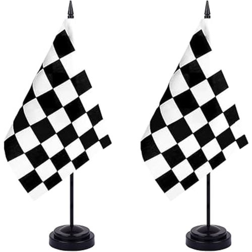 WXTWK 2 Pack Checkered Black and White Racing Flag Race Car Deluxe Desk Flag Set - Mini Small Racing Table Office Flags with Black 12" Solid Pole Stand Base Decorations