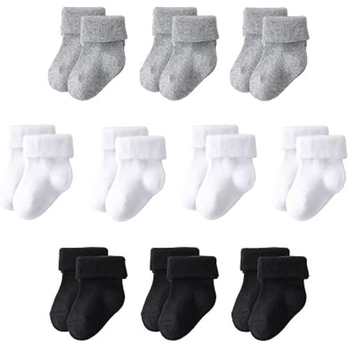 Newborn Socks 10 Pairs, Cotton Baby Turn Cuff Socks 0-3 Months