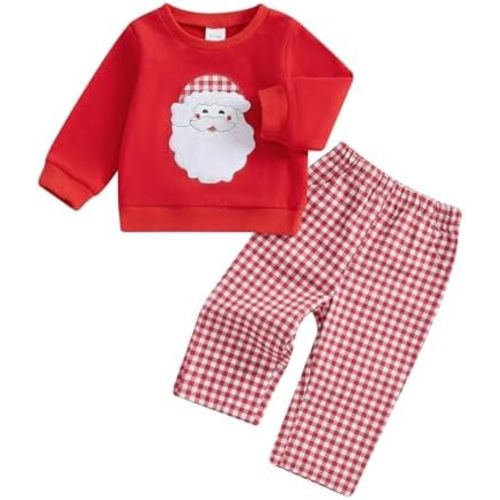 SAYOO Christmas Outfit Toddler Boys Girls Firetruck/Santa Embroidered Sweatshirt Pullover Plaid Gingham Pants Fall Clothes
