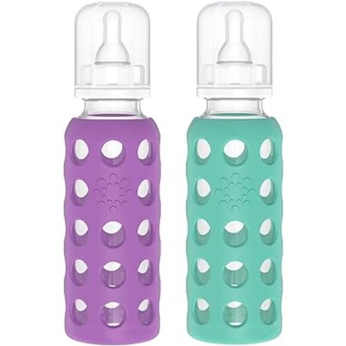 Lifefactory Glass Baby Bottle BPA Free | Protective Silicone Sleeve | 9 oz Pack of 2 | Grape, Kale