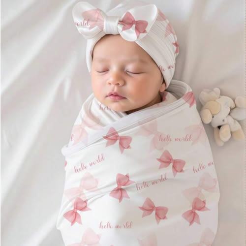 SHEIN 2Pcs Set Newborn Photography Swaddle Wrap Pink Bowknot Print Baby Girl Photo Props With Bow Turban Hat Newborn Blanket Fall Winter | SHEIN USA