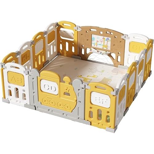 UNICOO – Baby Playpen, Foldable Kids Fence Activity Center, Safety Playard with Games Station Non-Slip Rubber Bases, Adjustable Shape, Portable Design for Indoor Outdoor Use (Yellow)