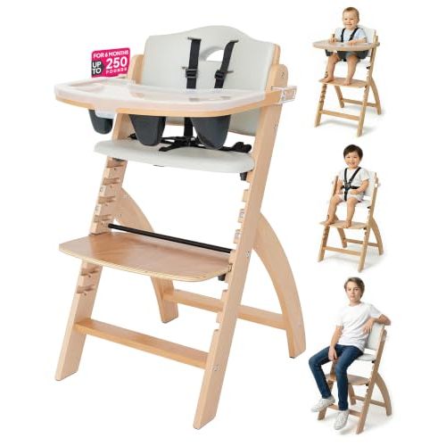 Abiie Beyond Junior Convertible Wooden High Chair with Removable Tray | 3-in-1 Adjustable Highchair for Babies & Toddlers, Fits 6 Mos to 250 lbs, Water-Resistant, Natural Wood w/ Grey Cushion