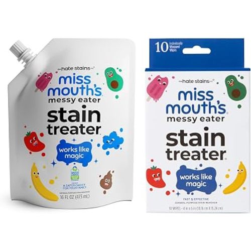 Miss Mouth's Messy Eater Stain Treater Refill & Wipes Set - 16oz Refill & 10-Pack Stain Wipes - Stock-Up Value with On-the-Go Cleanup for Baby Essentials