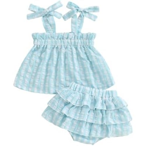 Adobabirl Baby Girl Summer Outfits Plaid Tie-Up Straps Sleeveless Tank Tops Layered Bloomers Shorts Boutique Clothing Set