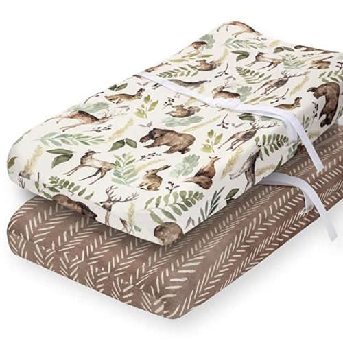 Pobibaby - 2 Pack Premium Changing Pad Cover - Ultra-Soft Cotton Blend, Stylish Woodland Pattern, Safe and Snug for Baby (Wildlife) - 2 Pack - Changing Pad Covers